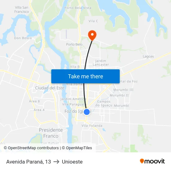 Avenida Paraná, 13 to Unioeste map