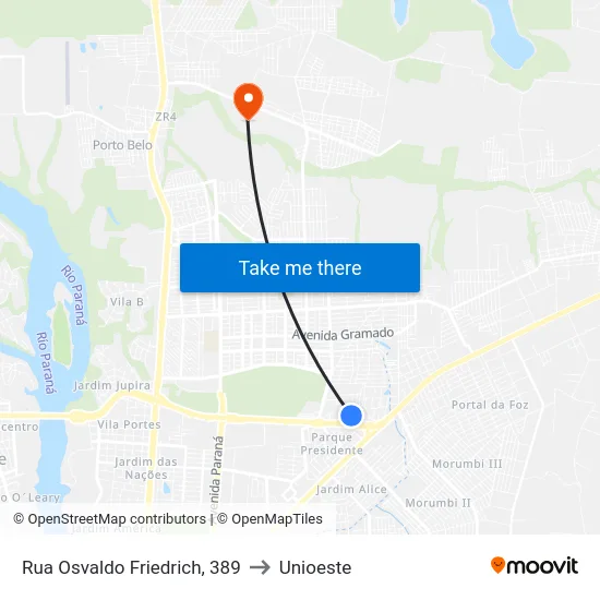 Rua Osvaldo Friedrich, 389 to Unioeste map