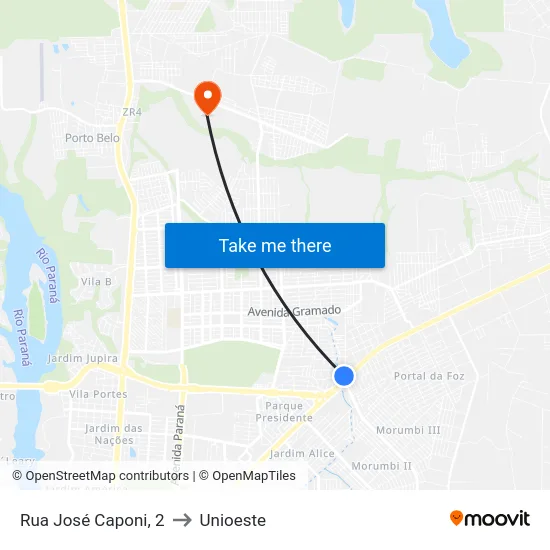 Rua José Caponi, 2 to Unioeste map