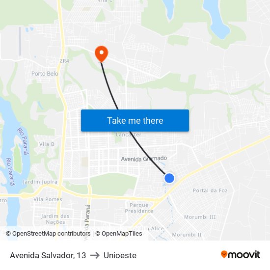 Avenida Salvador, 13 to Unioeste map