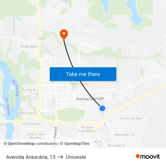 Avenida Araucária, 13 to Unioeste map