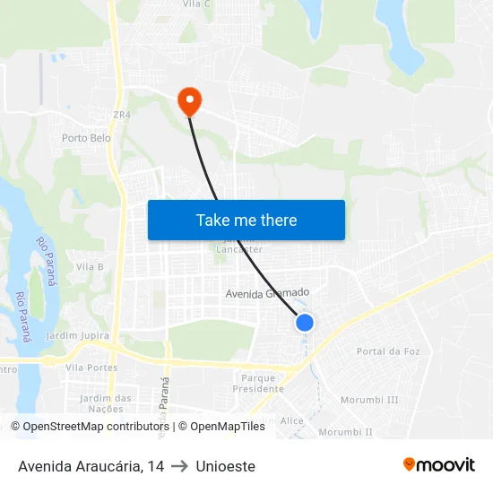 Avenida Araucária, 14 to Unioeste map