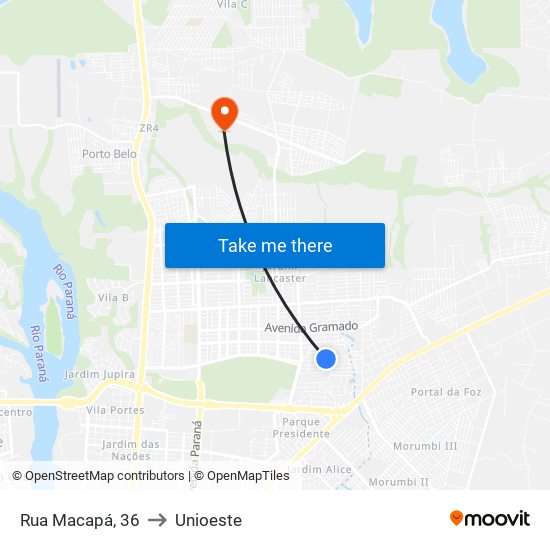 Rua Macapá, 36 to Unioeste map