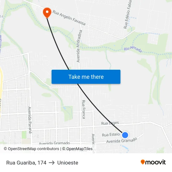 Rua Guariba, 174 to Unioeste map