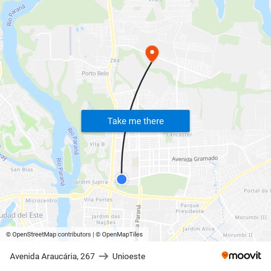 Avenida Araucária, 267 to Unioeste map