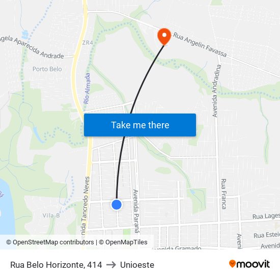 Rua Belo Horizonte, 414 to Unioeste map