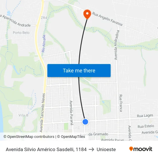 Avenida Silvio Américo Sasdelli, 1184 to Unioeste map