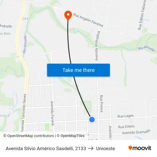 Avenida Silvio Américo Sasdelli, 2133 to Unioeste map
