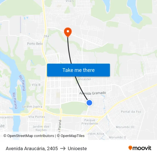 Avenida Araucária, 2405 to Unioeste map