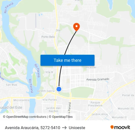 Avenida Araucária, 5272-5410 to Unioeste map