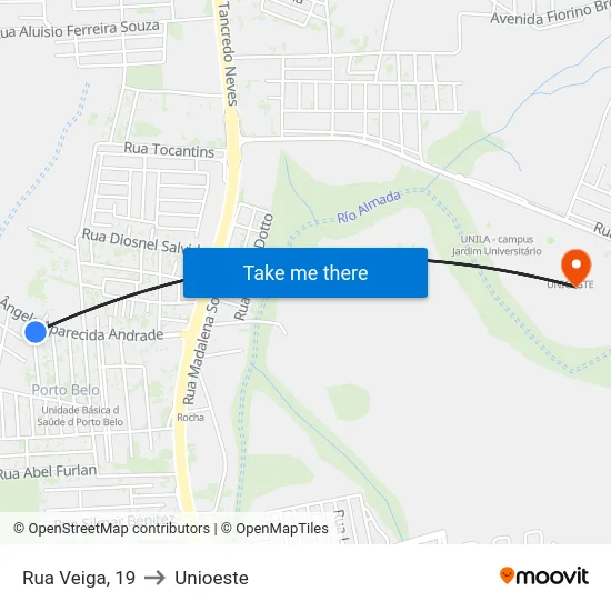 Rua Veiga, 19 to Unioeste map