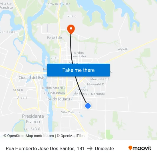 Rua Humberto José Dos Santos, 181 to Unioeste map