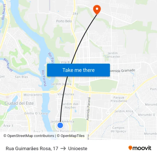 Rua Guimarães Rosa, 17 to Unioeste map