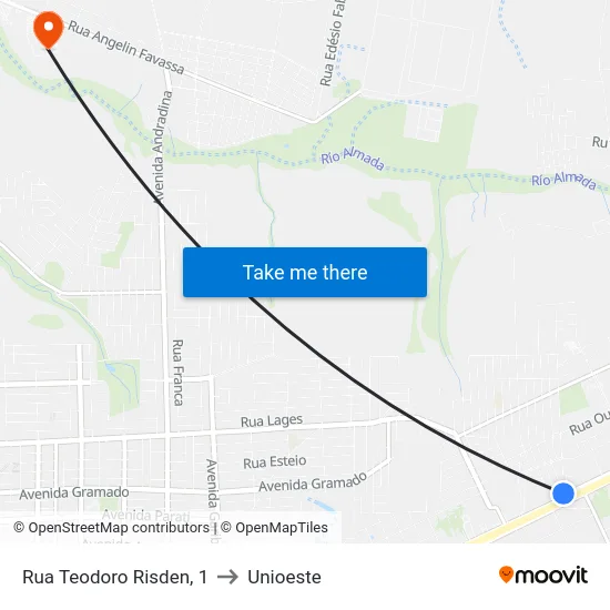 Rua Teodoro Risden, 1 to Unioeste map