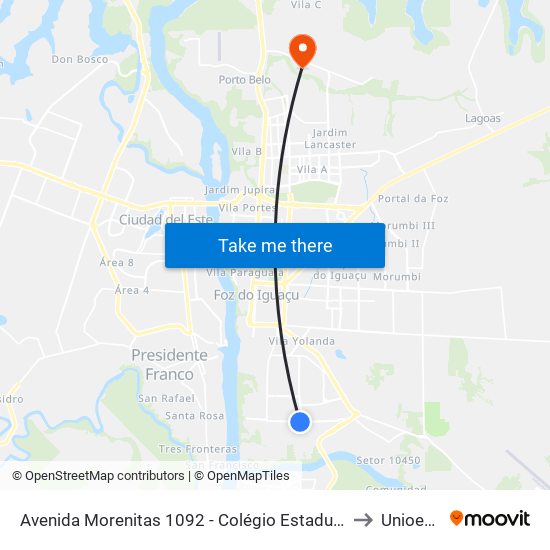 Avenida Morenitas 1092 - Colégio Estadual J.K. to Unioeste map