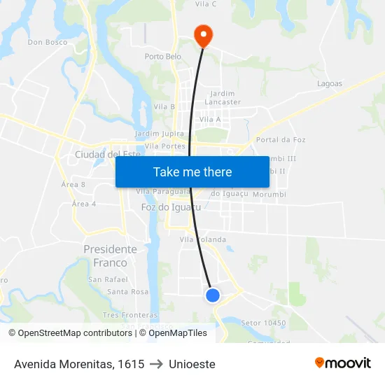 Avenida Morenitas, 1615 to Unioeste map