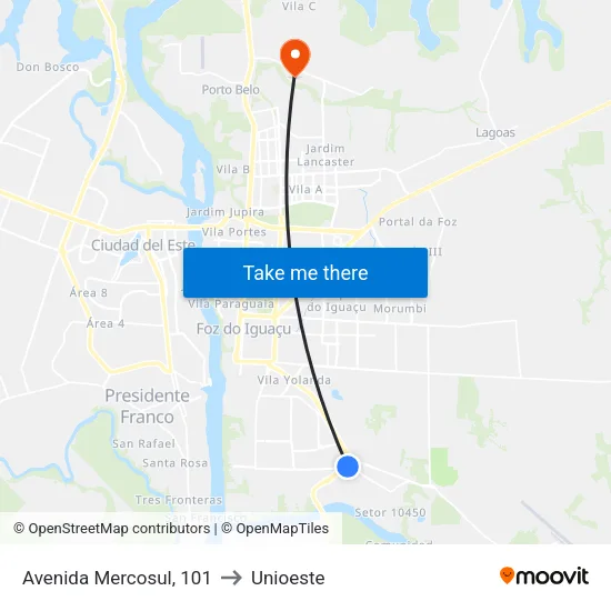 Avenida Mercosul, 101 to Unioeste map