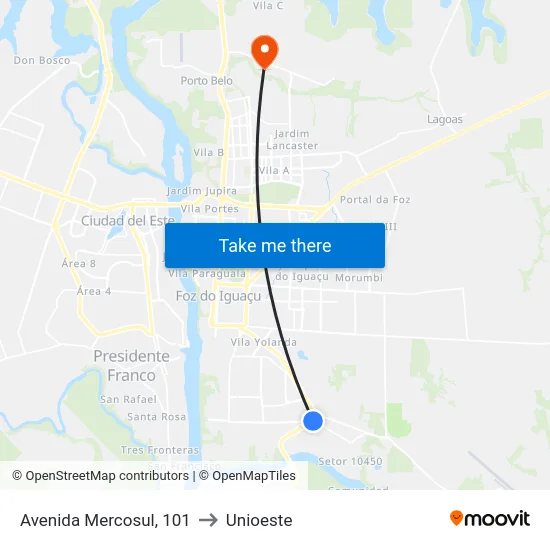 Avenida Mercosul, 101 to Unioeste map