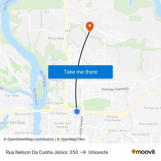 Rua Nelson Da Cunha Júnior, 350 to Unioeste map