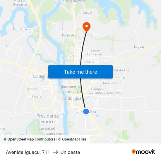 Avenida Iguaçu, 711 to Unioeste map
