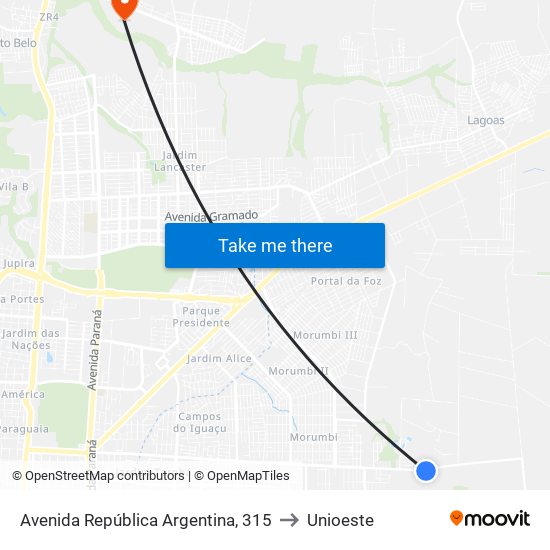 Avenida República Argentina, 315 to Unioeste map