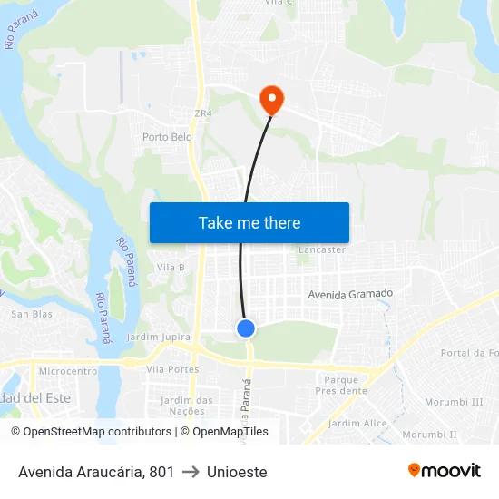 Avenida Araucária, 801 to Unioeste map