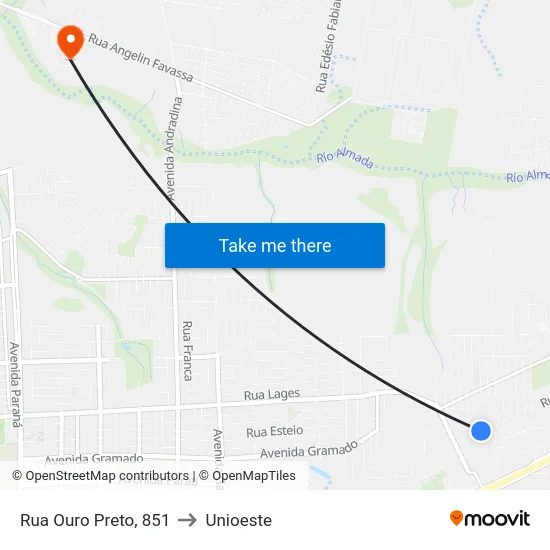 Rua Ouro Preto, 851 to Unioeste map