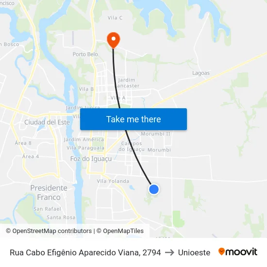 Rua Cabo Efigênio Aparecido Viana, 2794 to Unioeste map