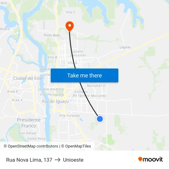Rua Nova Lima, 137 to Unioeste map