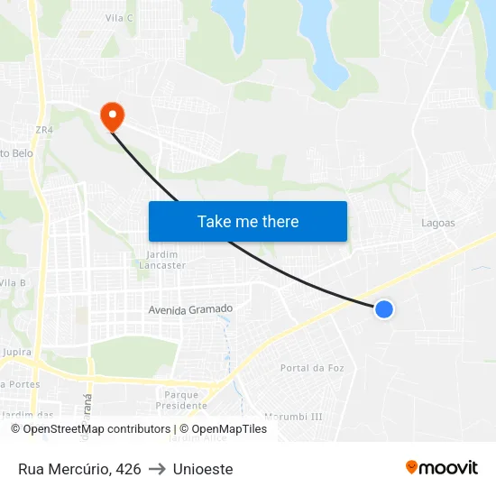 Rua Mercúrio, 426 to Unioeste map