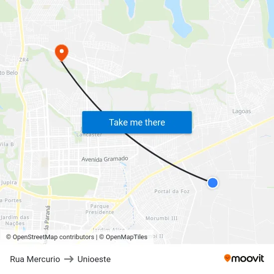 Rua Mercurio to Unioeste map