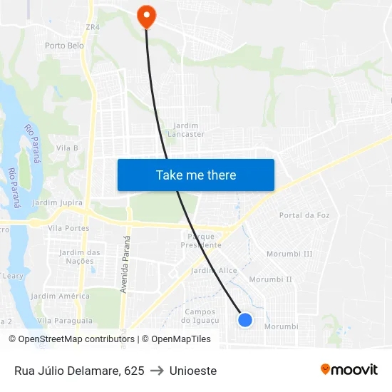 Rua Júlio Delamare, 625 to Unioeste map