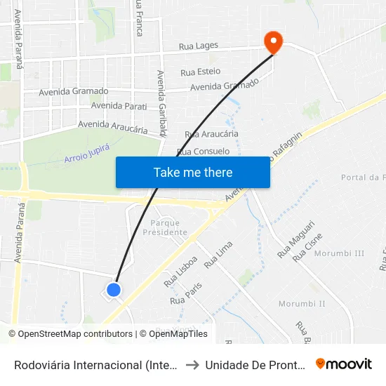 Rodoviária Internacional (International Bus Station) to Unidade De Pronto Atendimento map