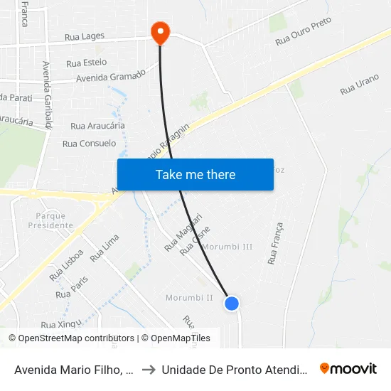 Avenida Mario Filho, 1521 to Unidade De Pronto Atendimento map