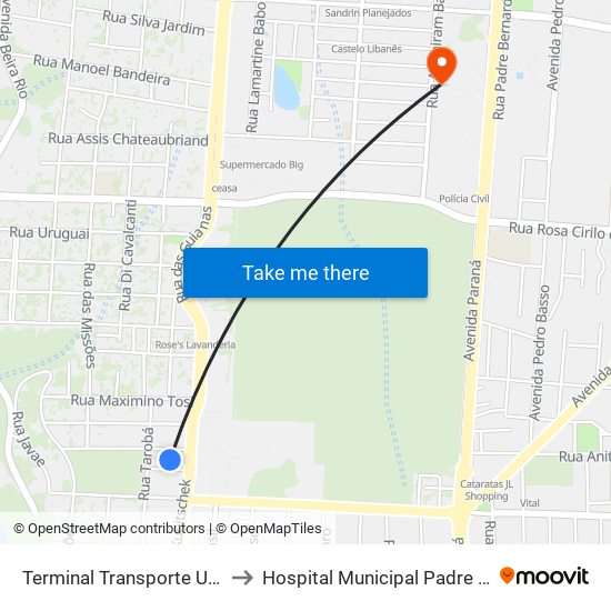 Terminal Transporte Urbano (Ala 02) to Hospital Municipal Padre Germano Lauck map