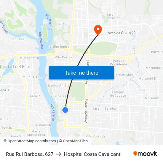 Rua Rui Barbosa, 627 to Hospital Costa Cavalcanti map