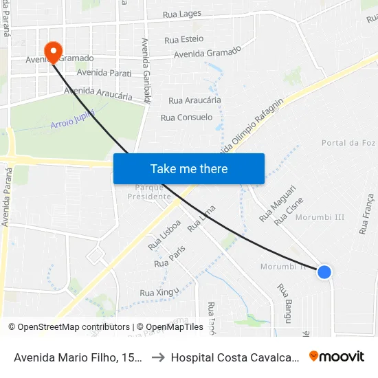 Avenida Mario Filho, 1521 to Hospital Costa Cavalcanti map