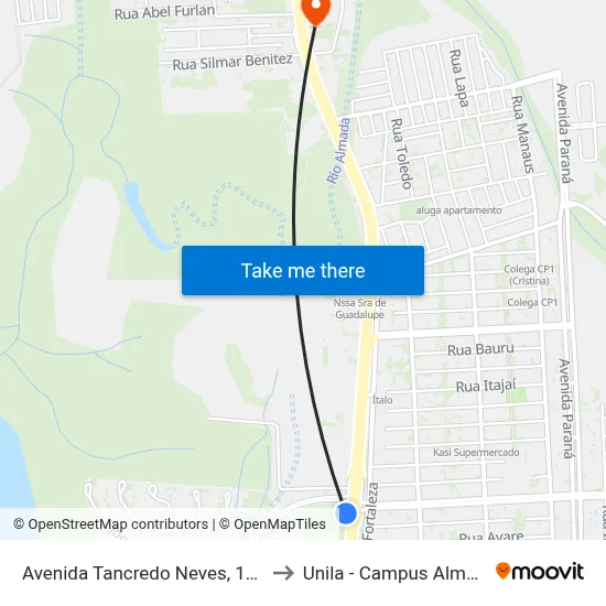 Avenida Tancredo Neves, 1774 to Unila - Campus Almada map