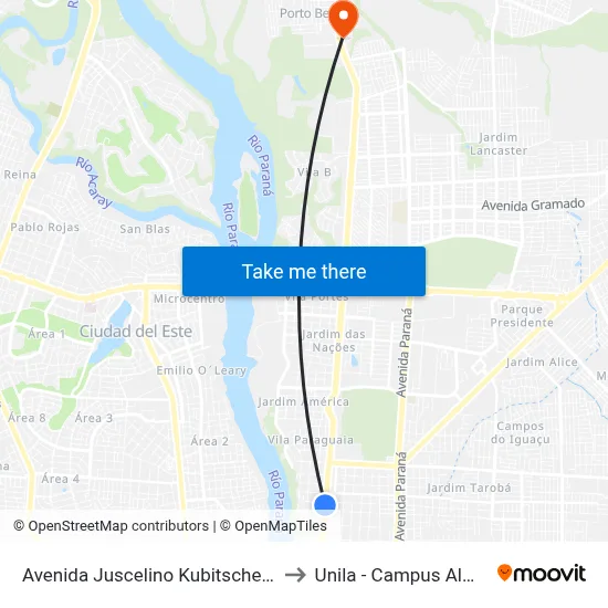 Avenida Juscelino Kubitscheck 19 to Unila - Campus Almada map