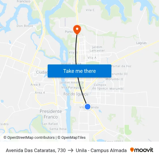 Avenida Das Cataratas, 730 to Unila - Campus Almada map