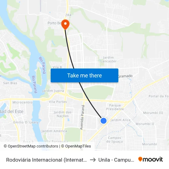 Rodoviária Internacional (International Bus Station) to Unila - Campus Almada map