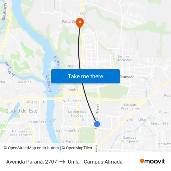 Avenida Paraná, 2707 to Unila - Campus Almada map