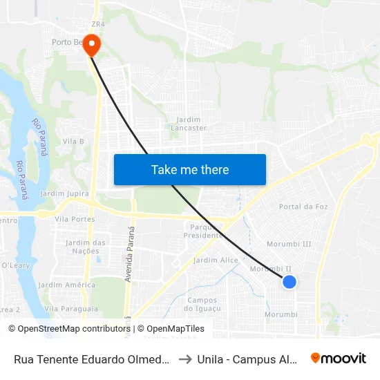 Rua Tenente Eduardo Olmedo, 700 to Unila - Campus Almada map