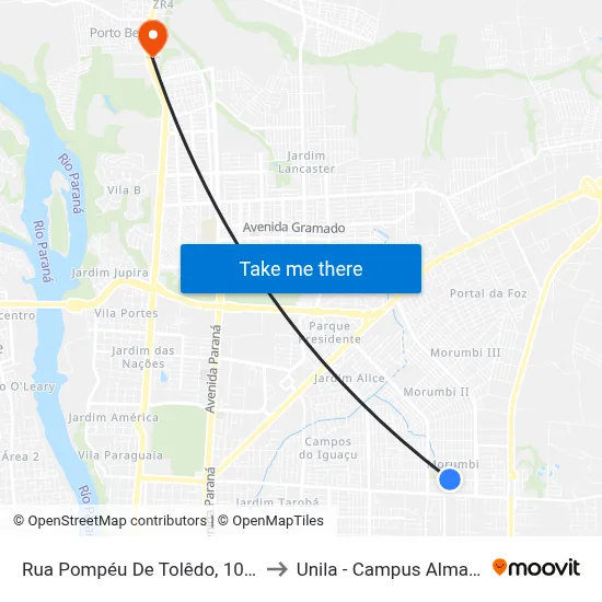 Rua Pompéu De Tolêdo, 1059 to Unila - Campus Almada map