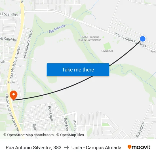 Rua Antônio Silvestre, 383 to Unila - Campus Almada map