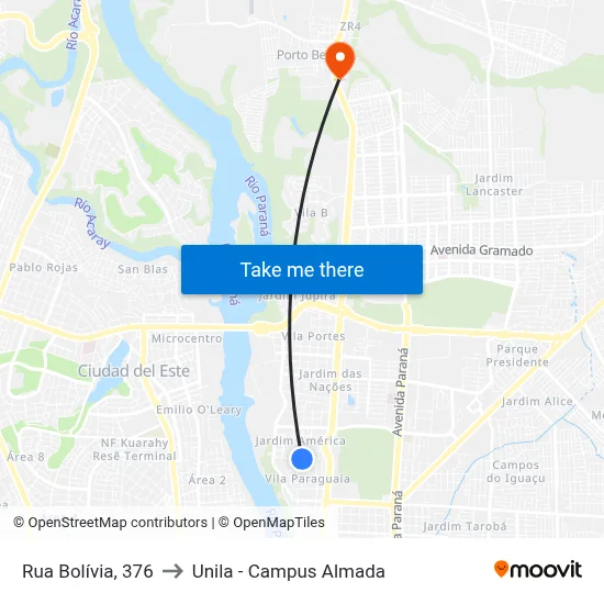 Rua Bolívia, 376 to Unila - Campus Almada map