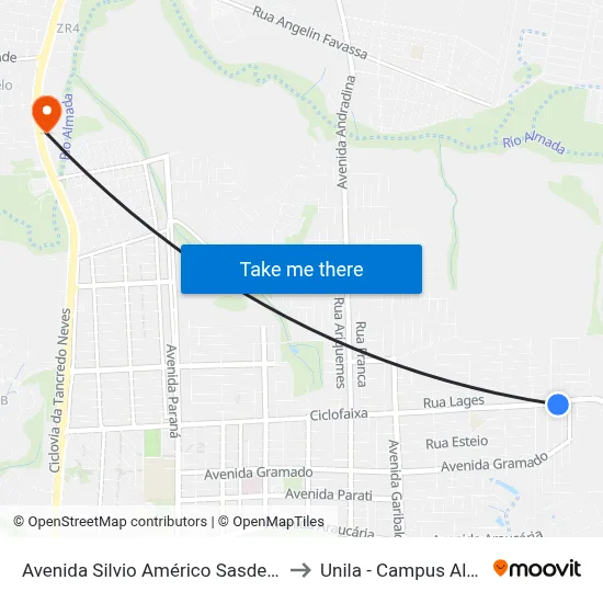 Avenida Silvio Américo Sasdelli - Upa to Unila - Campus Almada map