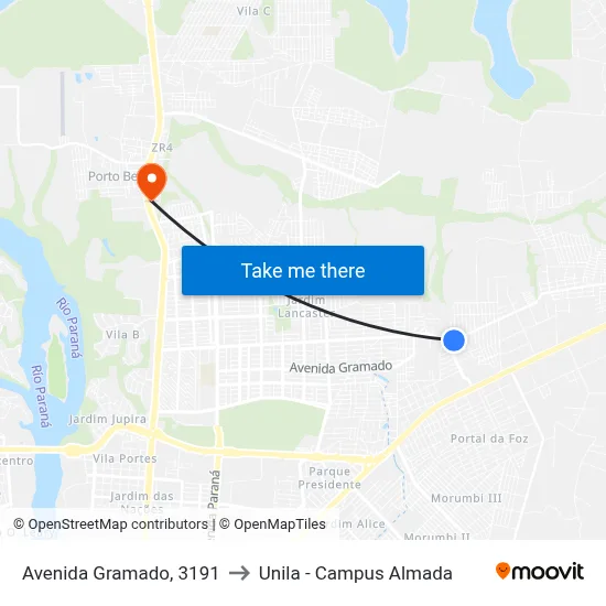 Avenida Gramado, 3191 to Unila - Campus Almada map