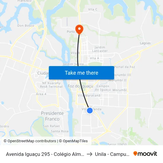Avenida Iguaçu 295 - Colégio Almirante Tamandaré to Unila - Campus Almada map