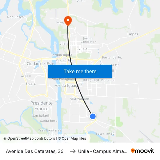 Avenida Das Cataratas, 3601 to Unila - Campus Almada map